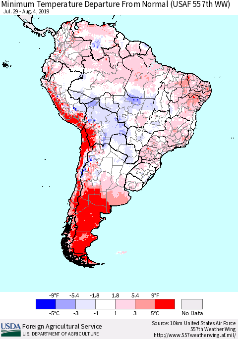 South America Mean Minimum Temperature Departure from Normal (USAF 557th WW) Thematic Map For 7/29/2019 - 8/4/2019