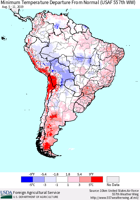 South America Mean Minimum Temperature Departure from Normal (USAF 557th WW) Thematic Map For 8/5/2019 - 8/11/2019