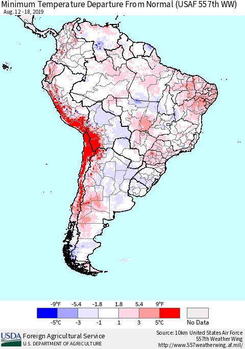 South America Mean Minimum Temperature Departure from Normal (USAF 557th WW) Thematic Map For 8/12/2019 - 8/18/2019