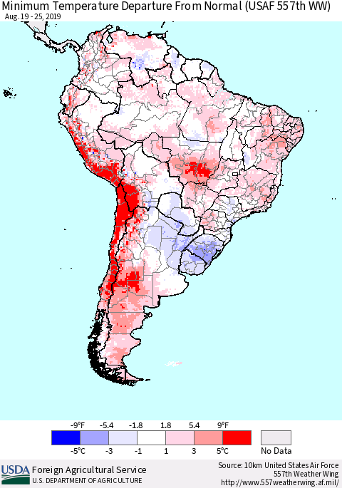 South America Mean Minimum Temperature Departure from Normal (USAF 557th WW) Thematic Map For 8/19/2019 - 8/25/2019