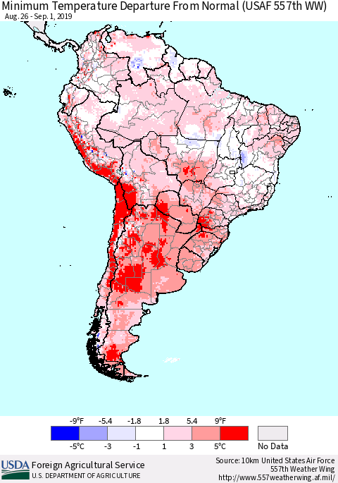 South America Mean Minimum Temperature Departure from Normal (USAF 557th WW) Thematic Map For 8/26/2019 - 9/1/2019