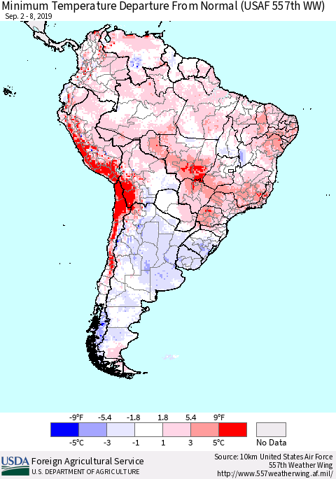 South America Mean Minimum Temperature Departure from Normal (USAF 557th WW) Thematic Map For 9/2/2019 - 9/8/2019