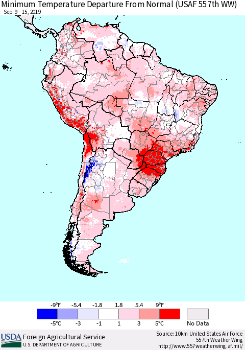 South America Mean Minimum Temperature Departure from Normal (USAF 557th WW) Thematic Map For 9/9/2019 - 9/15/2019