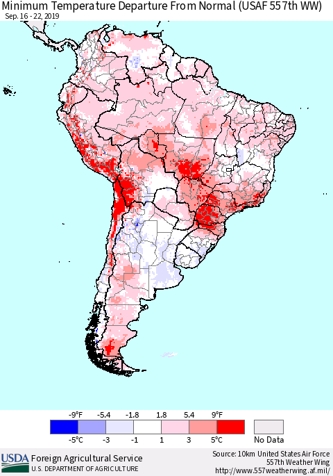 South America Mean Minimum Temperature Departure from Normal (USAF 557th WW) Thematic Map For 9/16/2019 - 9/22/2019