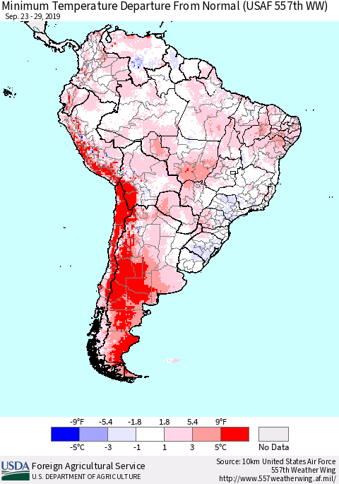 South America Mean Minimum Temperature Departure from Normal (USAF 557th WW) Thematic Map For 9/23/2019 - 9/29/2019