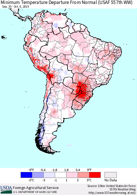 South America Mean Minimum Temperature Departure from Normal (USAF 557th WW) Thematic Map For 9/30/2019 - 10/6/2019