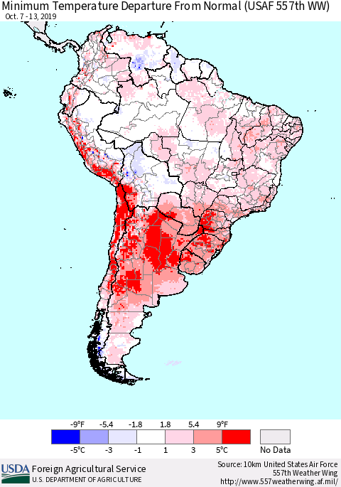 South America Mean Minimum Temperature Departure from Normal (USAF 557th WW) Thematic Map For 10/7/2019 - 10/13/2019