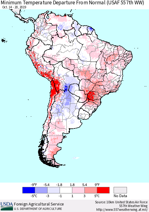 South America Mean Minimum Temperature Departure from Normal (USAF 557th WW) Thematic Map For 10/14/2019 - 10/20/2019