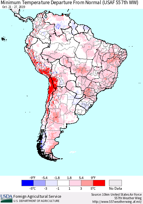 South America Mean Minimum Temperature Departure from Normal (USAF 557th WW) Thematic Map For 10/21/2019 - 10/27/2019