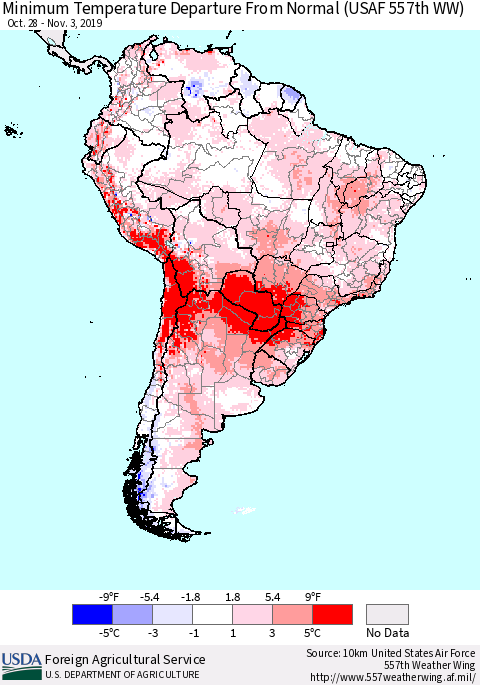 South America Mean Minimum Temperature Departure from Normal (USAF 557th WW) Thematic Map For 10/28/2019 - 11/3/2019