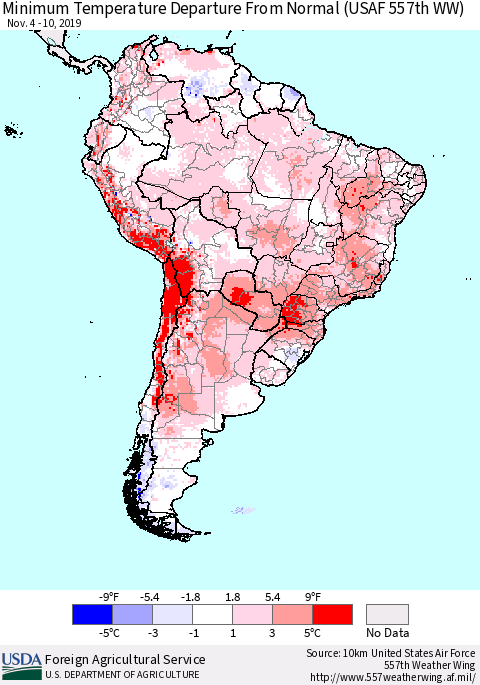 South America Mean Minimum Temperature Departure from Normal (USAF 557th WW) Thematic Map For 11/4/2019 - 11/10/2019