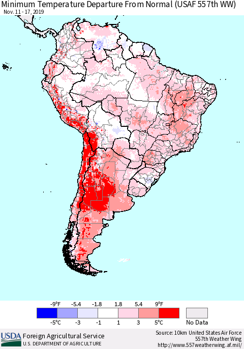 South America Mean Minimum Temperature Departure from Normal (USAF 557th WW) Thematic Map For 11/11/2019 - 11/17/2019