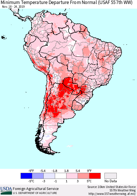 South America Mean Minimum Temperature Departure from Normal (USAF 557th WW) Thematic Map For 11/18/2019 - 11/24/2019