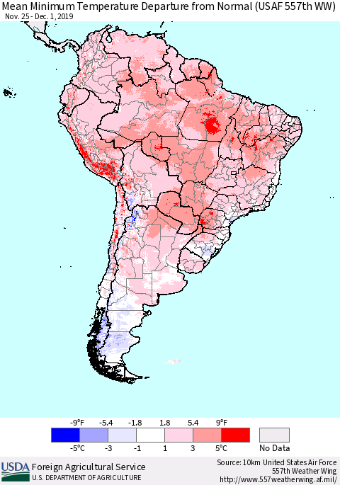 South America Mean Minimum Temperature Departure from Normal (USAF 557th WW) Thematic Map For 11/25/2019 - 12/1/2019