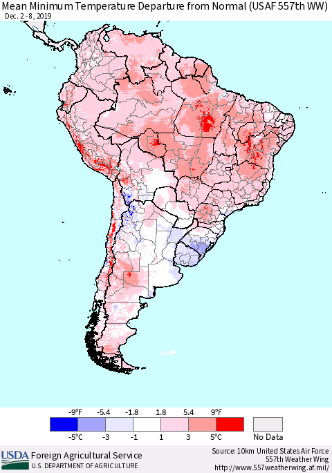South America Mean Minimum Temperature Departure from Normal (USAF 557th WW) Thematic Map For 12/2/2019 - 12/8/2019