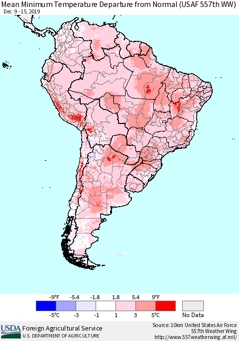 South America Mean Minimum Temperature Departure from Normal (USAF 557th WW) Thematic Map For 12/9/2019 - 12/15/2019