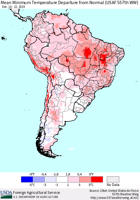 South America Mean Minimum Temperature Departure from Normal (USAF 557th WW) Thematic Map For 12/16/2019 - 12/22/2019
