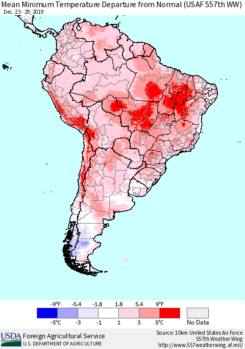 South America Mean Minimum Temperature Departure from Normal (USAF 557th WW) Thematic Map For 12/23/2019 - 12/29/2019