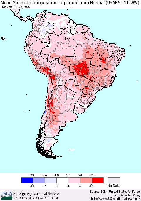 South America Mean Minimum Temperature Departure from Normal (USAF 557th WW) Thematic Map For 12/30/2019 - 1/5/2020