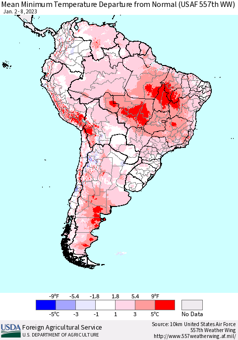 South America Mean Minimum Temperature Departure from Normal (USAF 557th WW) Thematic Map For 1/2/2023 - 1/8/2023