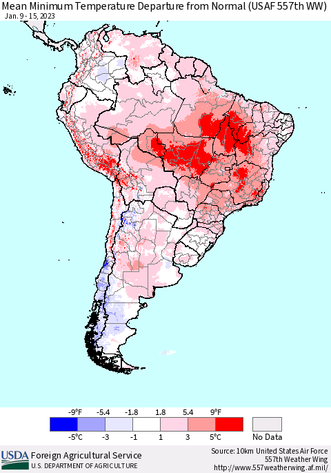 South America Mean Minimum Temperature Departure from Normal (USAF 557th WW) Thematic Map For 1/9/2023 - 1/15/2023