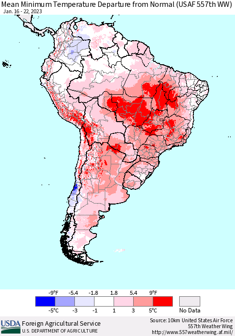 South America Mean Minimum Temperature Departure from Normal (USAF 557th WW) Thematic Map For 1/16/2023 - 1/22/2023