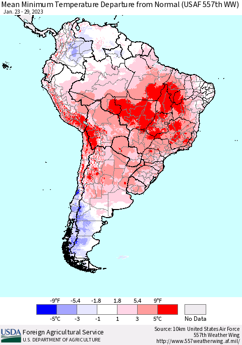 South America Mean Minimum Temperature Departure from Normal (USAF 557th WW) Thematic Map For 1/23/2023 - 1/29/2023