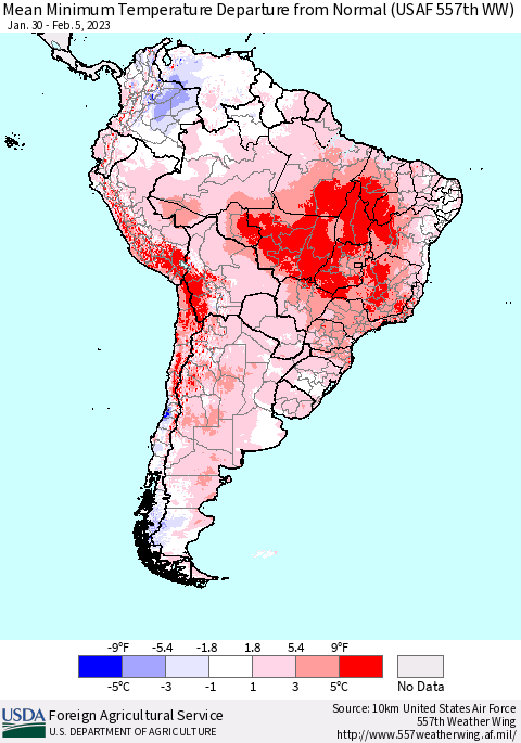 South America Mean Minimum Temperature Departure from Normal (USAF 557th WW) Thematic Map For 1/30/2023 - 2/5/2023