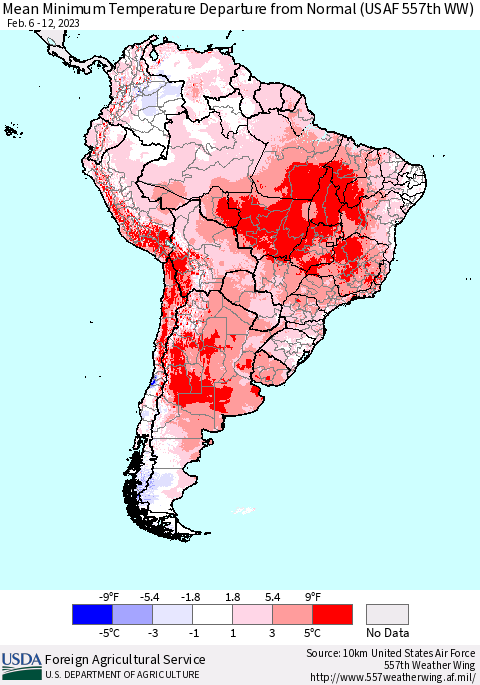 South America Mean Minimum Temperature Departure from Normal (USAF 557th WW) Thematic Map For 2/6/2023 - 2/12/2023