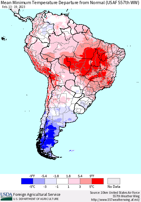 South America Mean Minimum Temperature Departure from Normal (USAF 557th WW) Thematic Map For 2/13/2023 - 2/19/2023