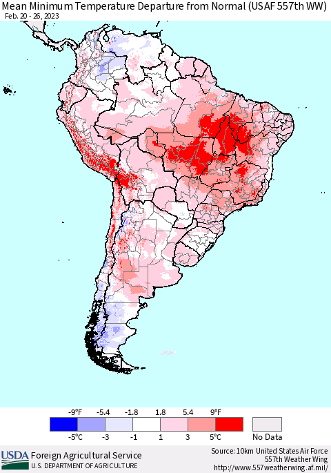 South America Mean Minimum Temperature Departure from Normal (USAF 557th WW) Thematic Map For 2/20/2023 - 2/26/2023