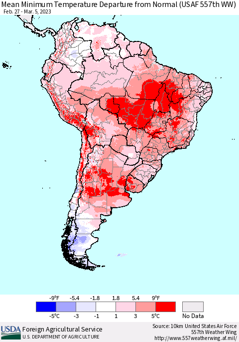 South America Mean Minimum Temperature Departure from Normal (USAF 557th WW) Thematic Map For 2/27/2023 - 3/5/2023
