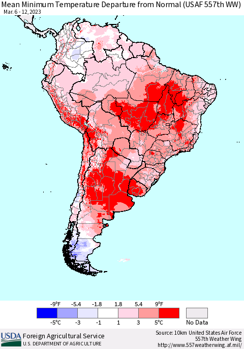 South America Mean Minimum Temperature Departure from Normal (USAF 557th WW) Thematic Map For 3/6/2023 - 3/12/2023