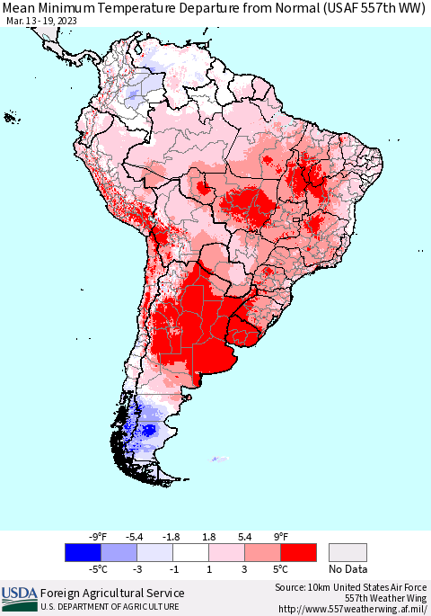 South America Mean Minimum Temperature Departure from Normal (USAF 557th WW) Thematic Map For 3/13/2023 - 3/19/2023