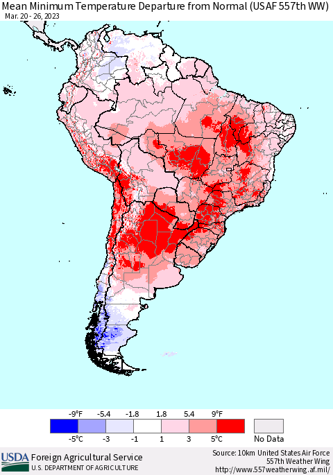 South America Mean Minimum Temperature Departure from Normal (USAF 557th WW) Thematic Map For 3/20/2023 - 3/26/2023