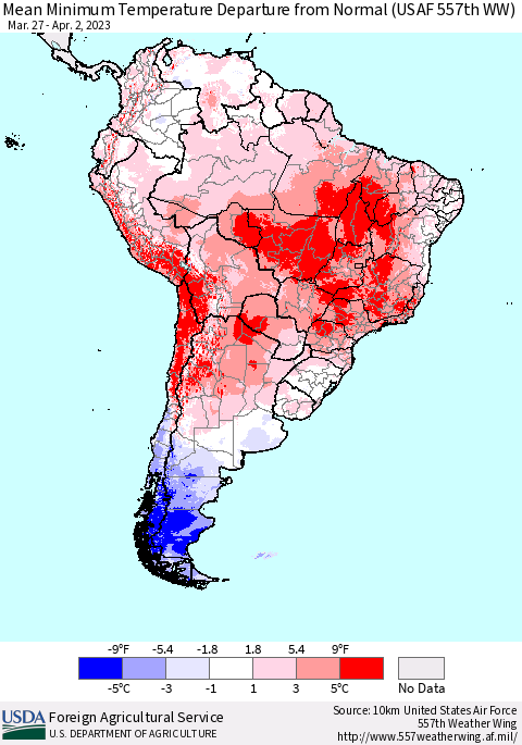 South America Mean Minimum Temperature Departure from Normal (USAF 557th WW) Thematic Map For 3/27/2023 - 4/2/2023