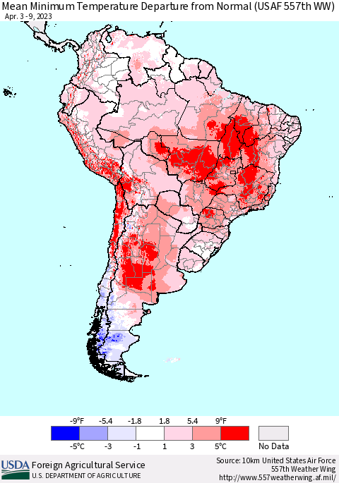 South America Mean Minimum Temperature Departure from Normal (USAF 557th WW) Thematic Map For 4/3/2023 - 4/9/2023