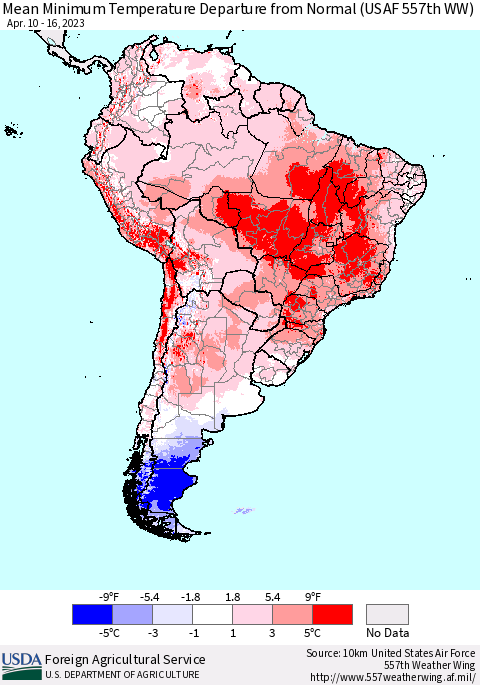 South America Mean Minimum Temperature Departure from Normal (USAF 557th WW) Thematic Map For 4/10/2023 - 4/16/2023