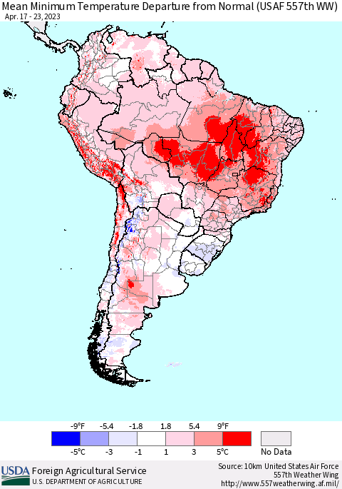 South America Mean Minimum Temperature Departure from Normal (USAF 557th WW) Thematic Map For 4/17/2023 - 4/23/2023