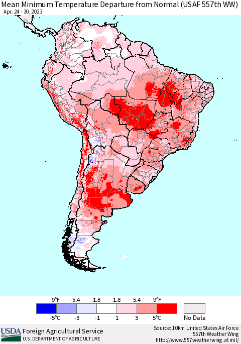South America Mean Minimum Temperature Departure from Normal (USAF 557th WW) Thematic Map For 4/24/2023 - 4/30/2023