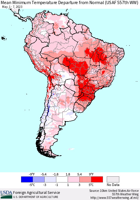 South America Mean Minimum Temperature Departure from Normal (USAF 557th WW) Thematic Map For 5/1/2023 - 5/7/2023