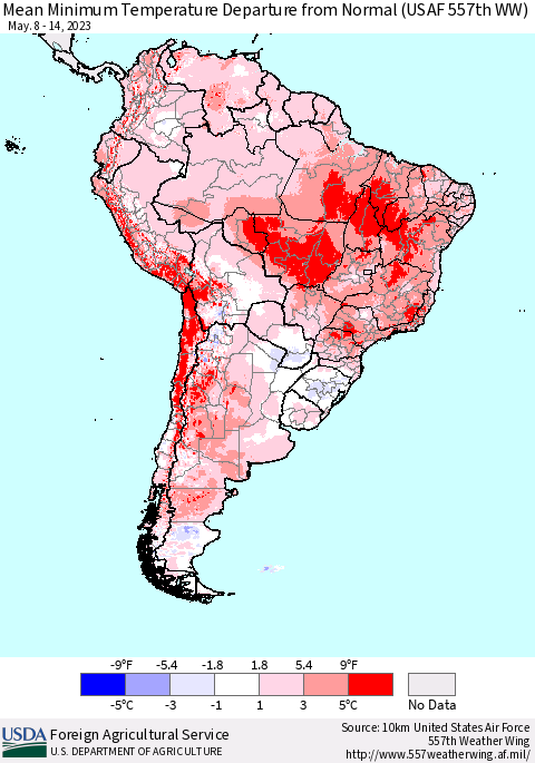 South America Mean Minimum Temperature Departure from Normal (USAF 557th WW) Thematic Map For 5/8/2023 - 5/14/2023