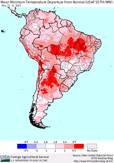 South America Mean Minimum Temperature Departure from Normal (USAF 557th WW) Thematic Map For 5/15/2023 - 5/21/2023