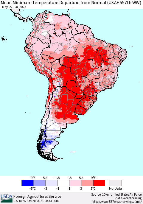 South America Mean Minimum Temperature Departure from Normal (USAF 557th WW) Thematic Map For 5/22/2023 - 5/28/2023