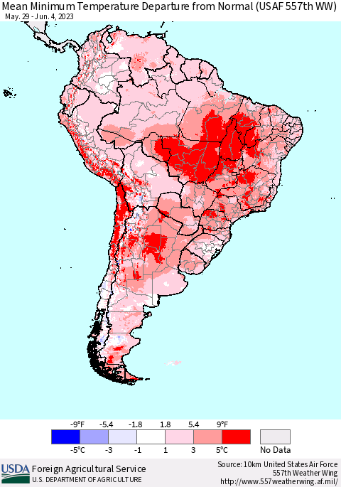 South America Mean Minimum Temperature Departure from Normal (USAF 557th WW) Thematic Map For 5/29/2023 - 6/4/2023