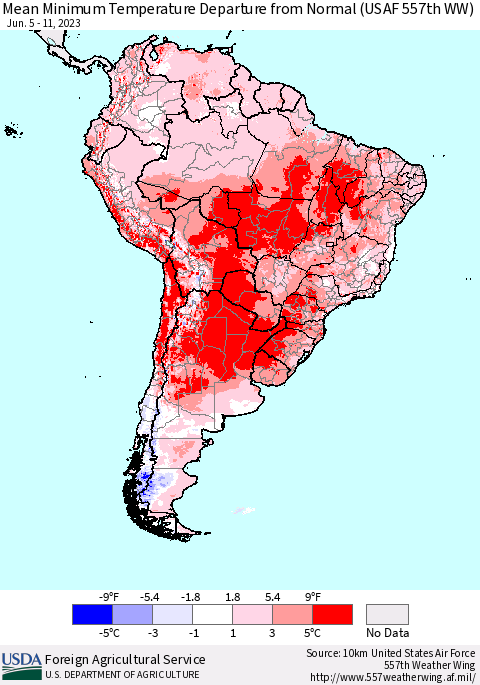 South America Mean Minimum Temperature Departure from Normal (USAF 557th WW) Thematic Map For 6/5/2023 - 6/11/2023