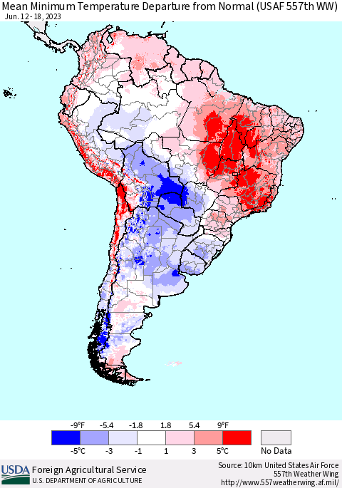 South America Mean Minimum Temperature Departure from Normal (USAF 557th WW) Thematic Map For 6/12/2023 - 6/18/2023