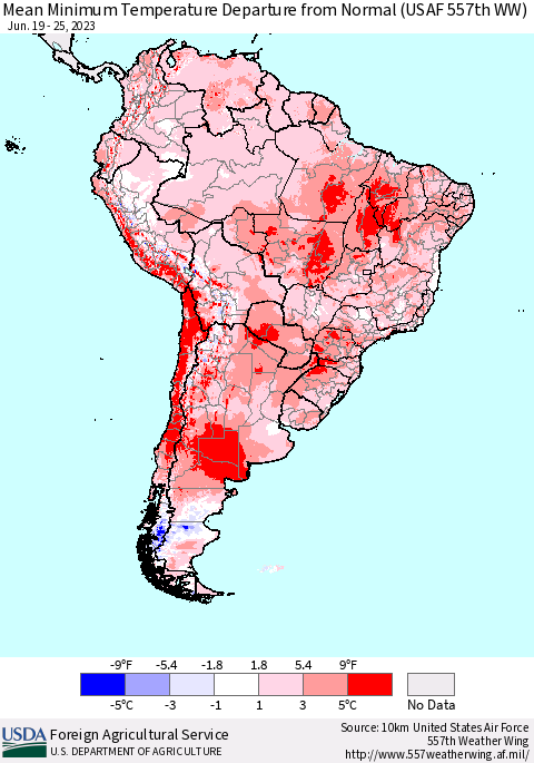 South America Mean Minimum Temperature Departure from Normal (USAF 557th WW) Thematic Map For 6/19/2023 - 6/25/2023