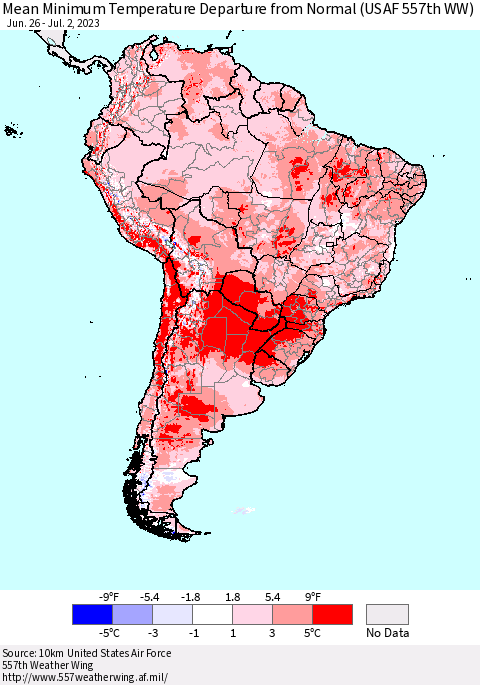 South America Mean Minimum Temperature Departure from Normal (USAF 557th WW) Thematic Map For 6/26/2023 - 7/2/2023