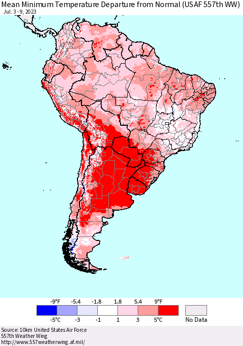 South America Mean Minimum Temperature Departure from Normal (USAF 557th WW) Thematic Map For 7/3/2023 - 7/9/2023